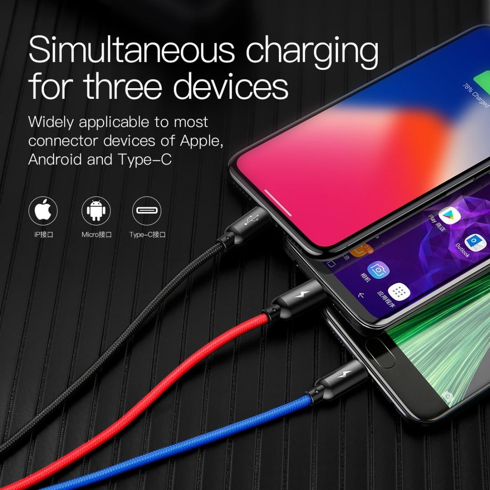 Baseus 3 In 1 Fast Charging Cable 35A Braided Multi USB Cable For IPhone Android Type C Devices 12