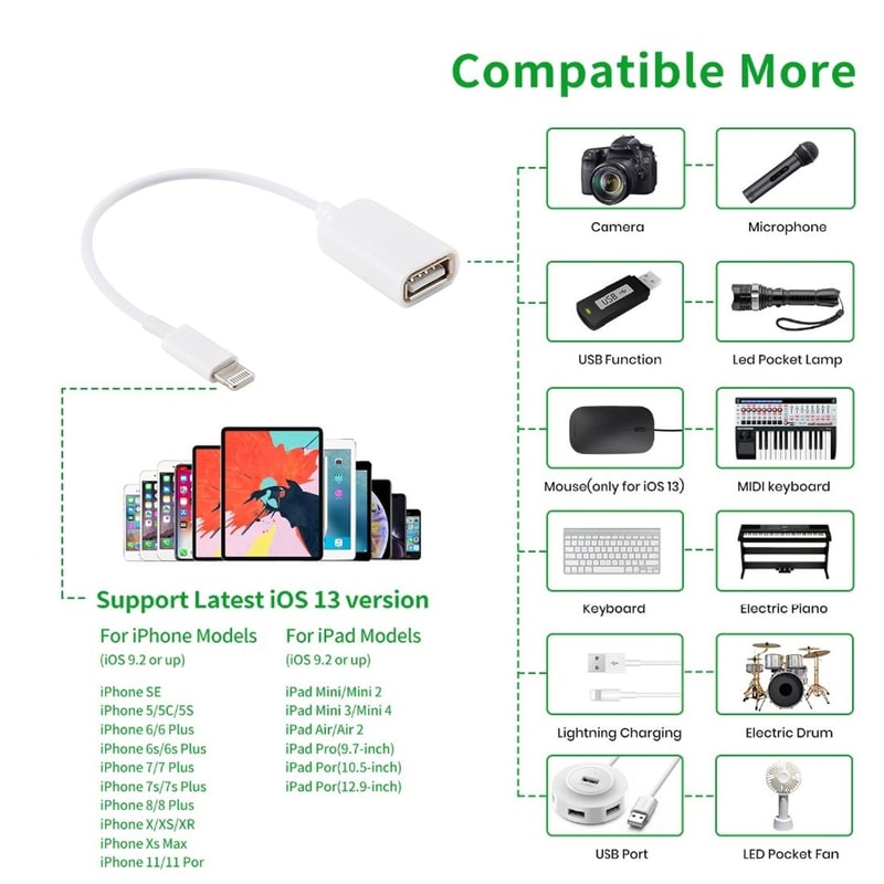 Lightning OTG Adapter USB Female to 8 Pin iPhone Data Cable 18cm for iOS Devices