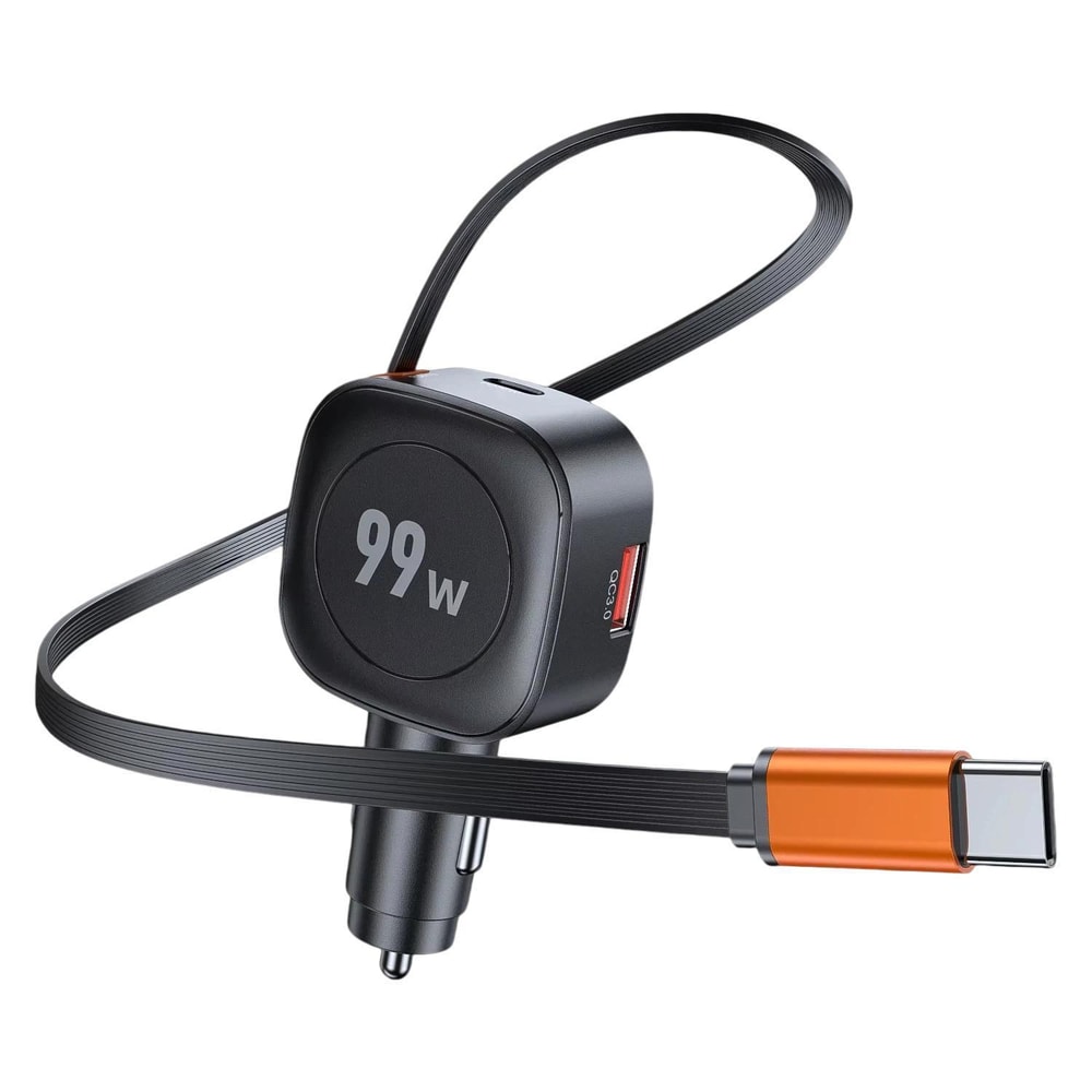 99W PD Fast Car Phone Charger with Retractable Cable USB-C USB-A Multi Port