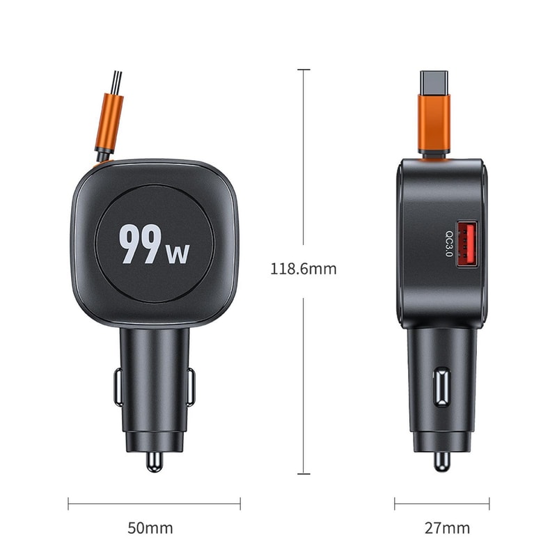 99W PD Fast Car Phone Charger with Retractable Cable USB-C USB-A Multi Port