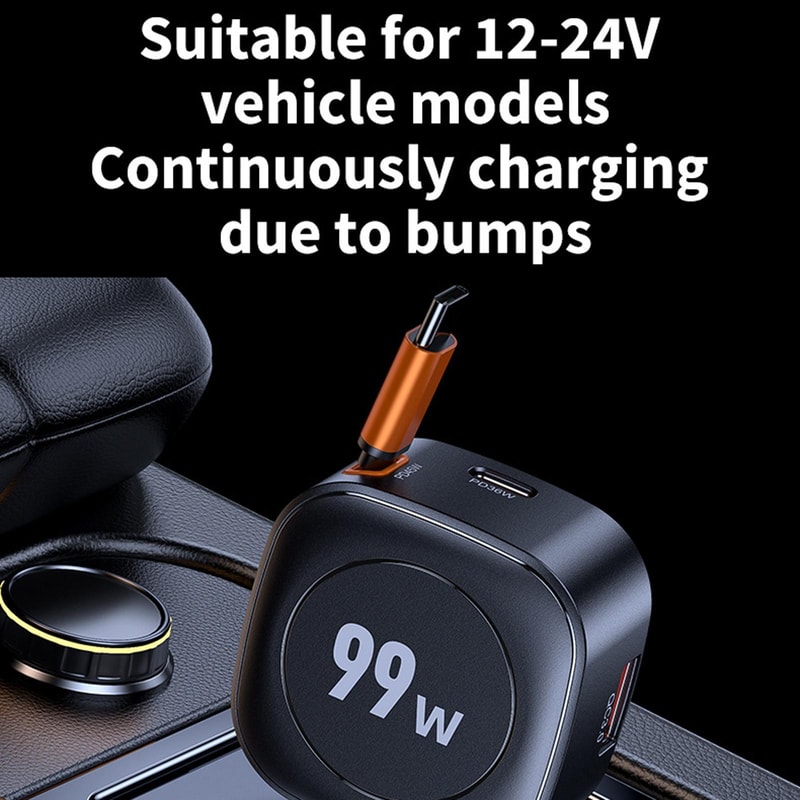 99W PD Fast Car Phone Charger with Retractable Cable USB-C USB-A Multi Port