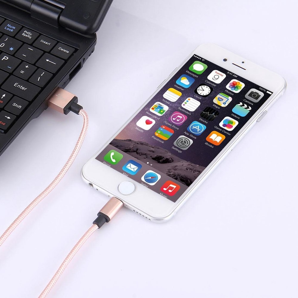 Premium Lightning Cable 1m Woven Metal Head IPhone Charger Cable Fast Sync Durable Pink 6
