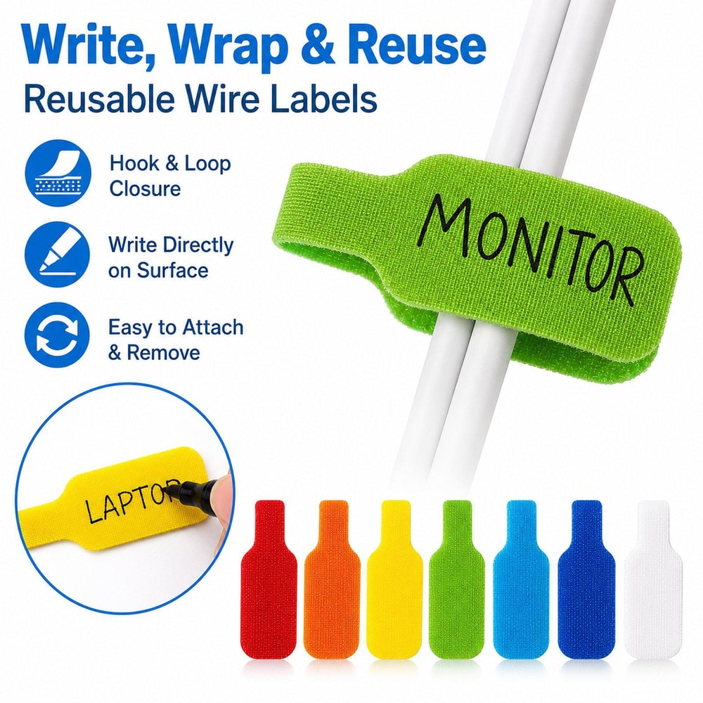 Writable Cable Labels Reusable Hook and Loop Wire Label Straps Cable Organization Tags