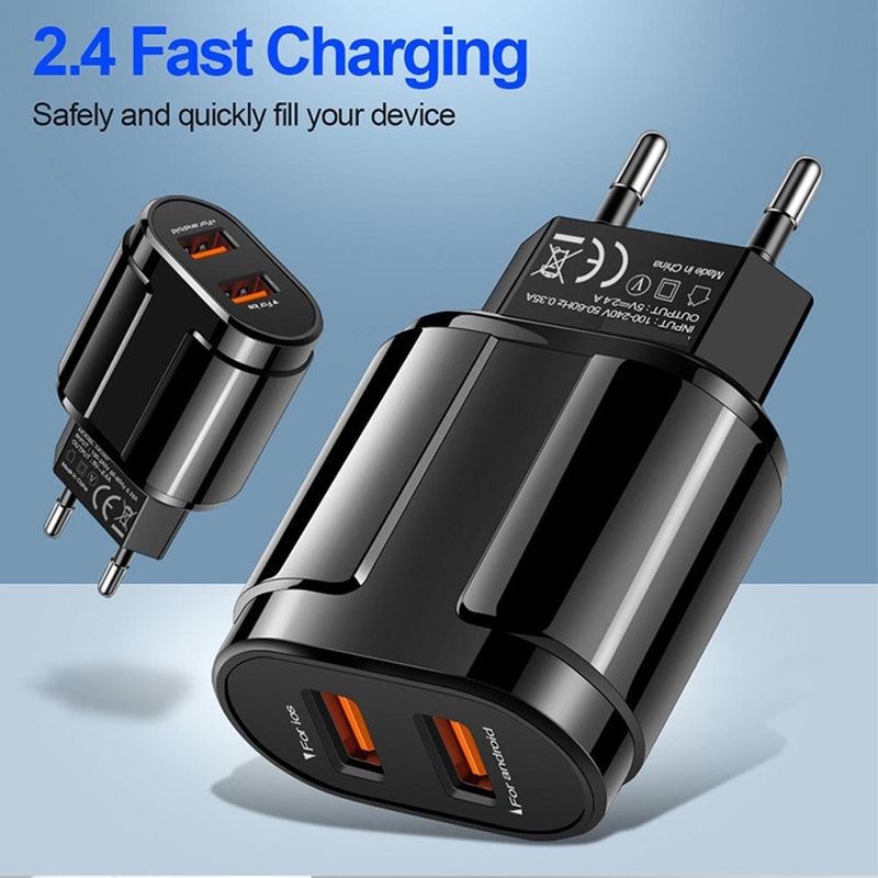Dual USB Portable Travel Charger with 1M USB to Type-C cable Fast Charging Adapter