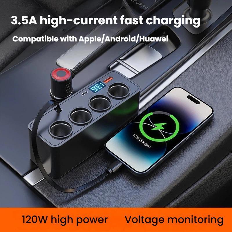 120W Retractable 1-to-4 Multi Port Car Charger with Digital Voltage Display PD QC3.0 Cigarette Lighter Adapter