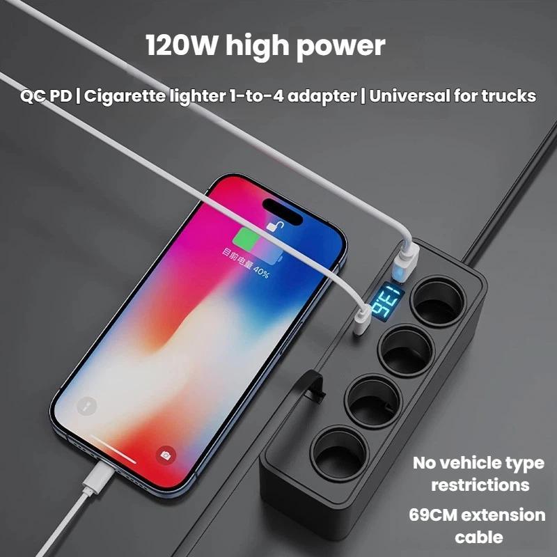 120W Retractable 1-to-4 Multi Port Car Charger with Digital Voltage Display PD QC3.0 Cigarette Lighter Adapter