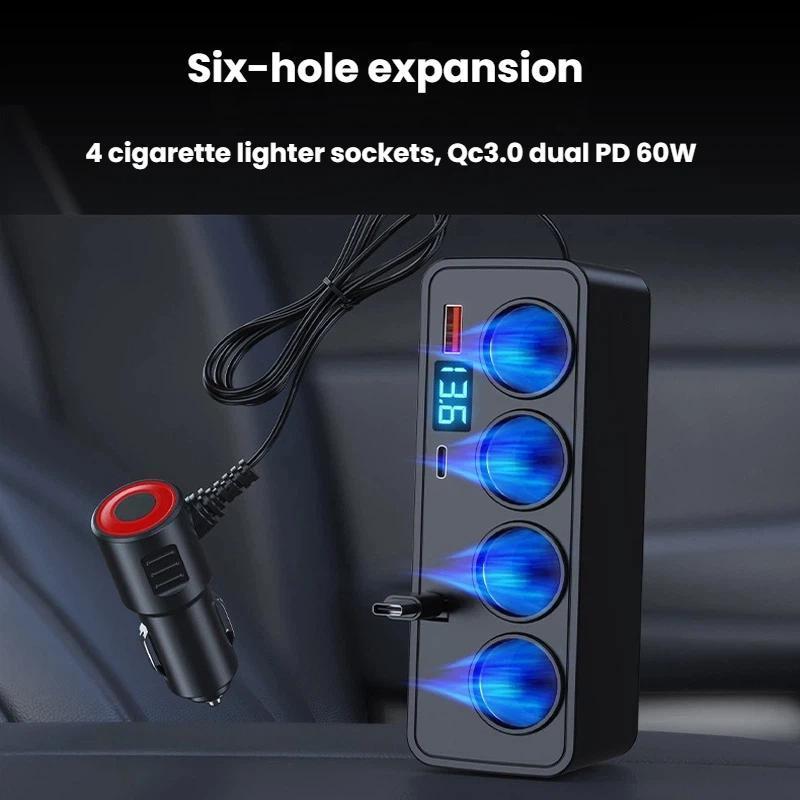 120W Retractable 1-to-4 Multi Port Car Charger with Digital Voltage Display PD QC3.0 Cigarette Lighter Adapter