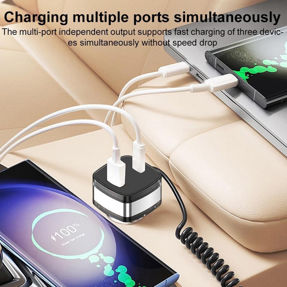 90W USB-C Car Charger with USB-A & Retractable Type-C Cable Fast Multi-Port Adapter