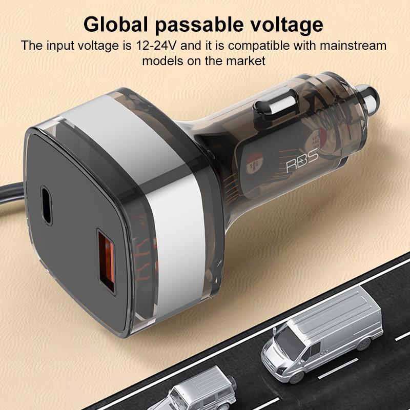 90W USB-C Car Charger with USB-A & Retractable Type-C Cable Fast Multi-Port Adapter