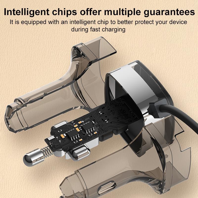 90W USB-C Car Charger with USB-A & Retractable Type-C Cable Fast Multi-Port Adapter