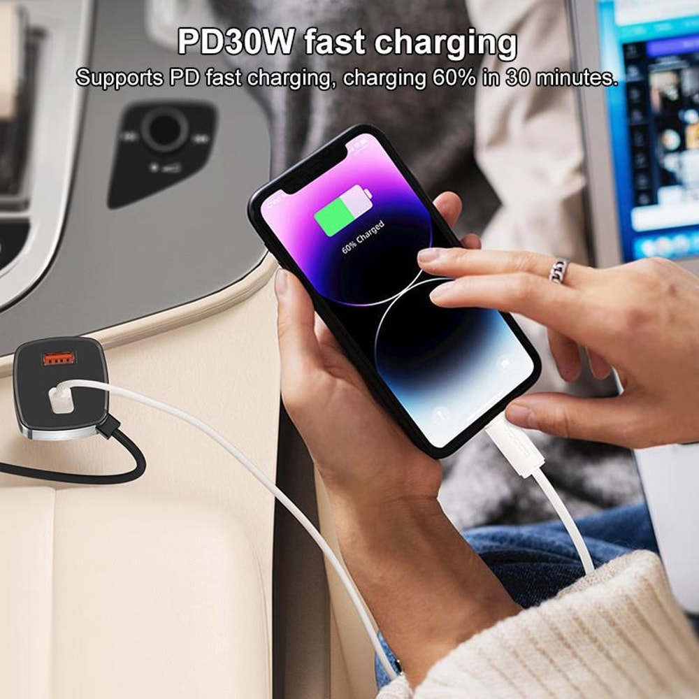 90W USB-C Car Charger with USB-A & Retractable Type-C Cable Fast Multi-Port Adapter