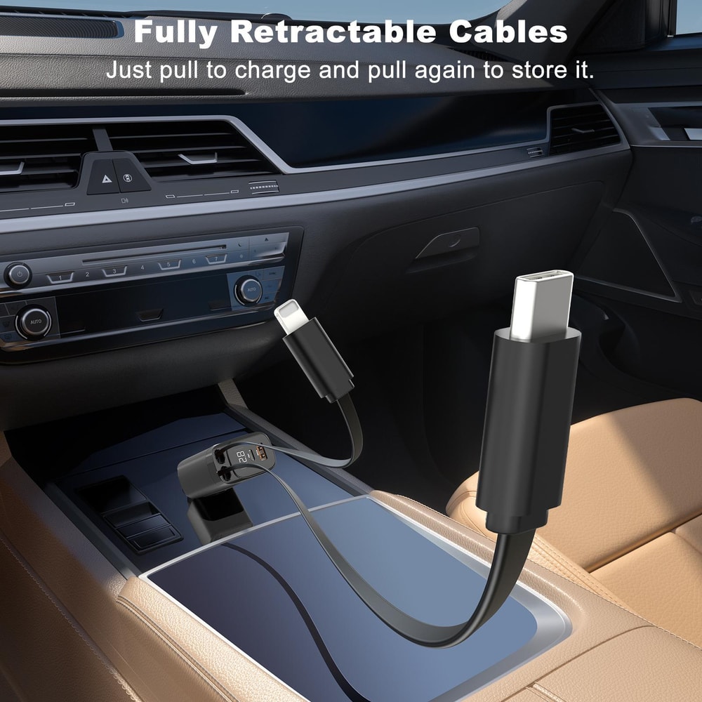 CW72 4 in 1 Retractable USB-C Car Charger with Lightning 8 Pin Fast Charging Adapter