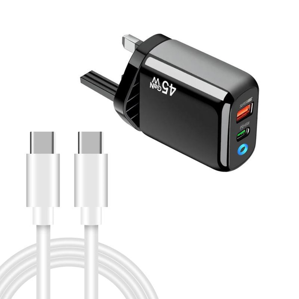 GaN 45W PD3.0 Dual Port Fast Charger with USB-C to USB-C Cable