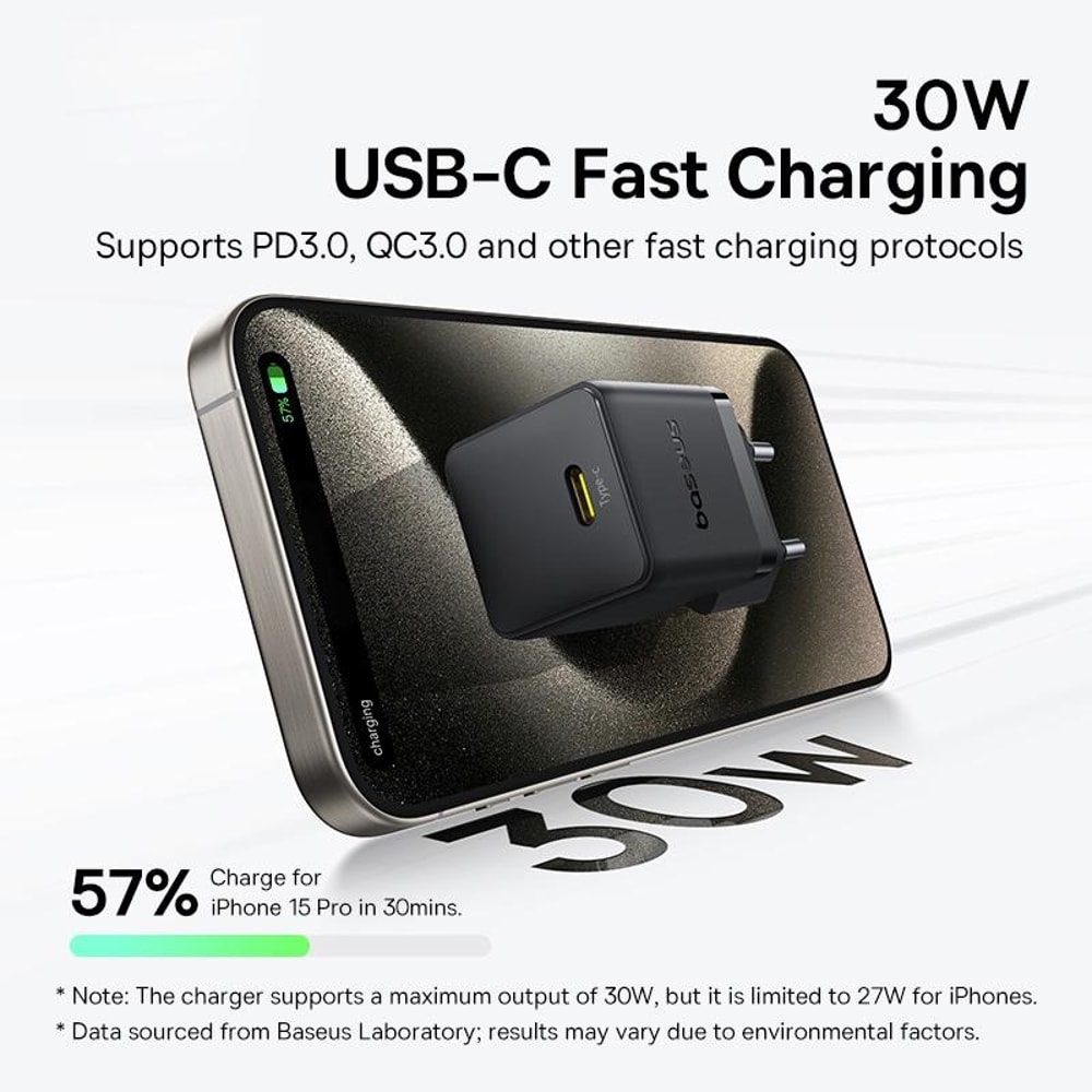 PD30W USB-C Fast Charger with 1m Type-C Cable Compact Fast Charging Adapter