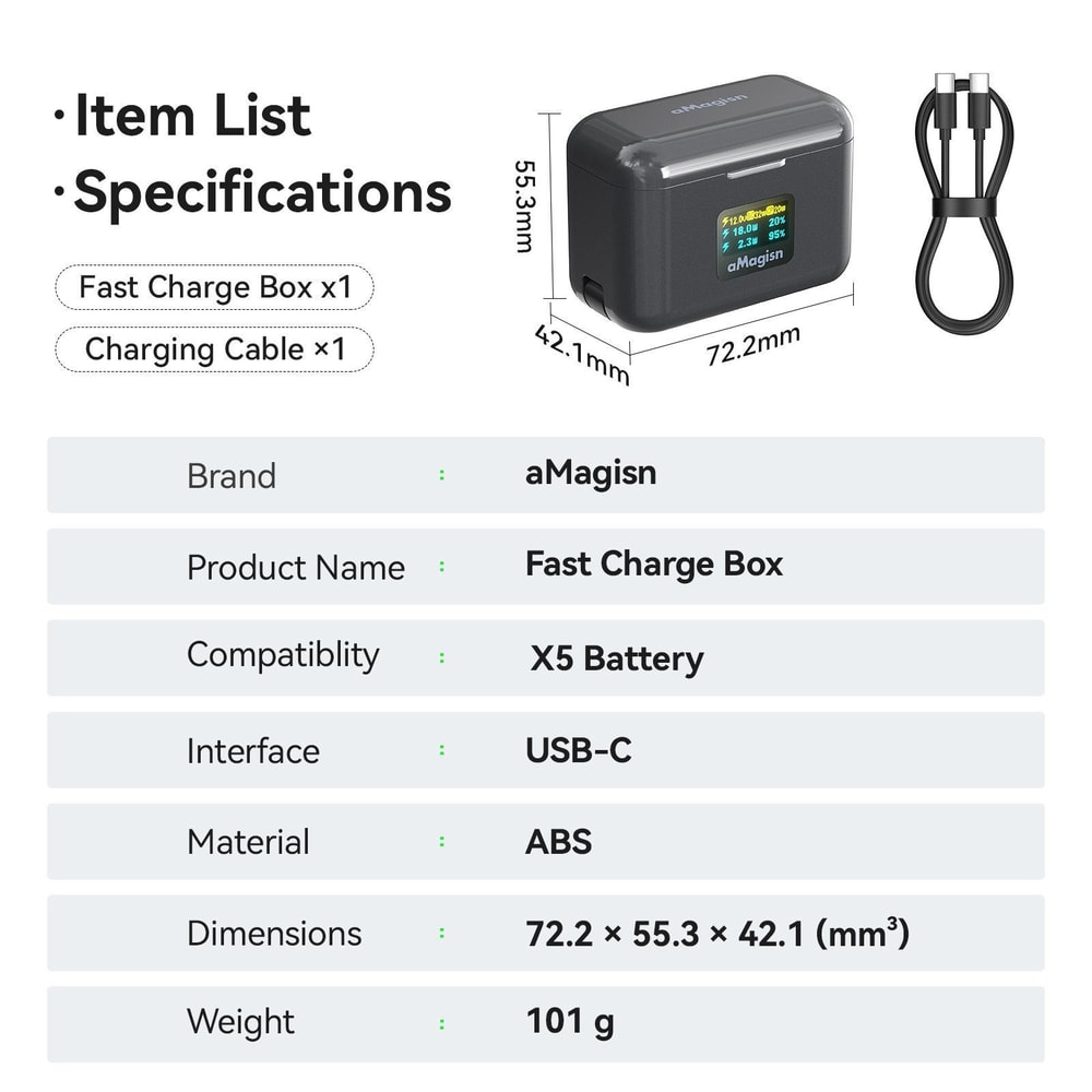 AMagisn Fast Charging Case for Insta360 X5 Dual Battery Charger with LCD Screen and USB C Cable
