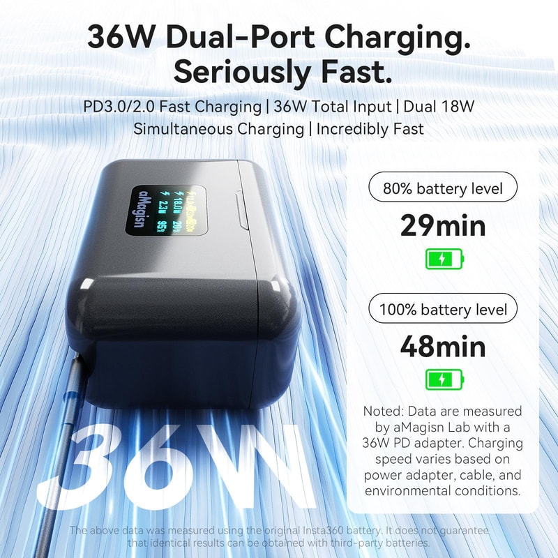 AMagisn Fast Charging Case for Insta360 X5 Dual Battery Charger with LCD Screen and USB C Cable