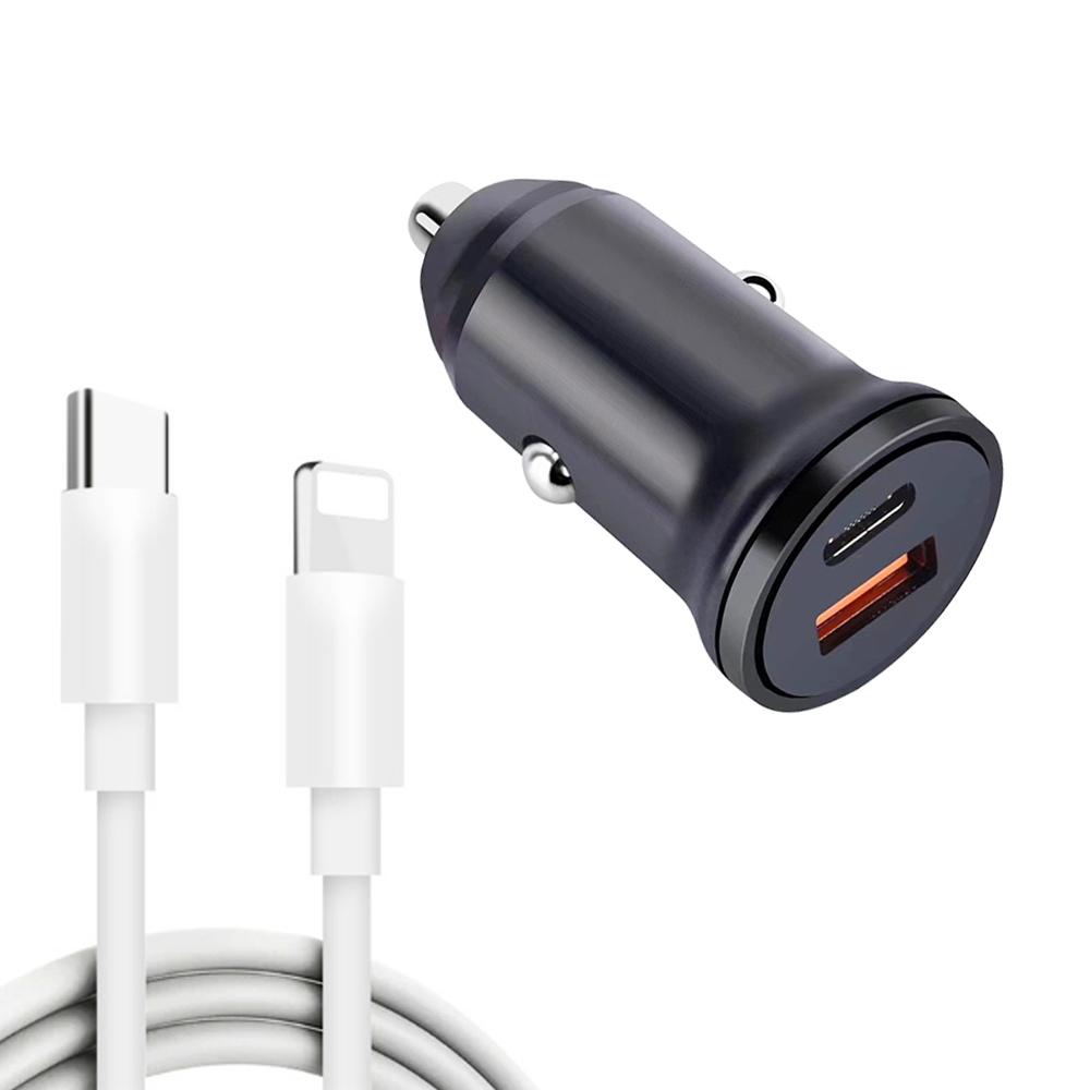 Dual Port PD 20W & QC 25W USB-C Car Charger with USB-C to 8 Pin Fast Charging Cable