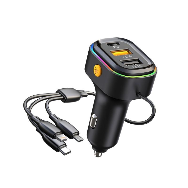 K5 3-in-1 Fast Charging Car Charger with Dual USB & Type-C PD Adapter