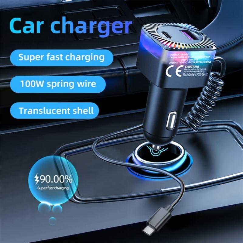 30W PD Car Charger with Spring Type-C Cable USB Fast Charging Adapter
