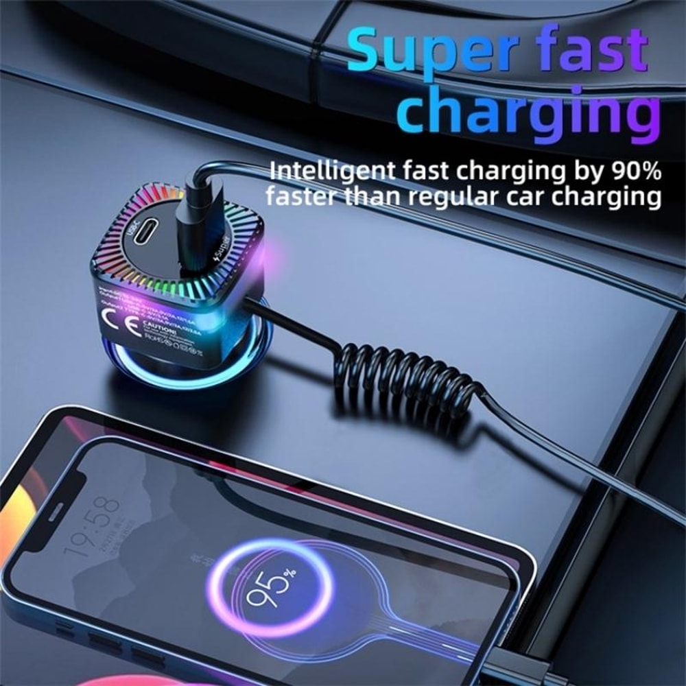 30W PD Car Charger with Spring Type-C Cable USB Fast Charging Adapter