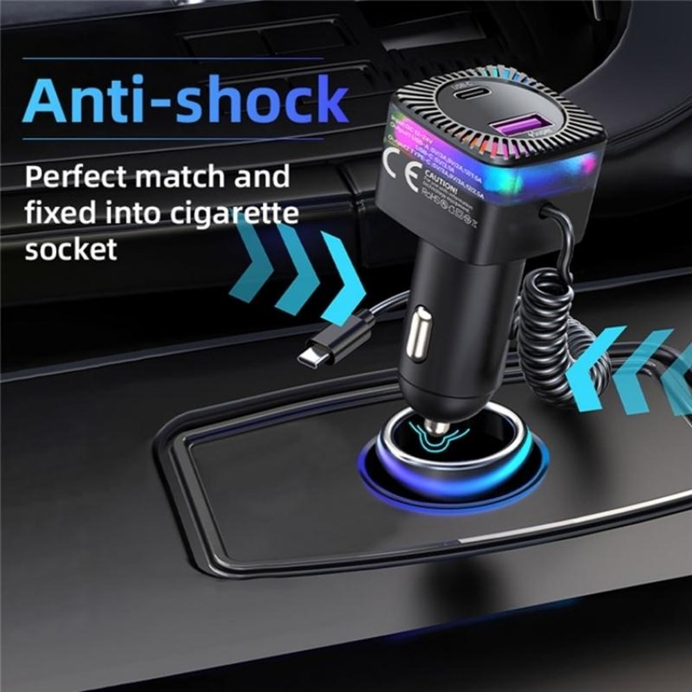 30W PD Car Charger with Spring Type-C Cable USB Fast Charging Adapter