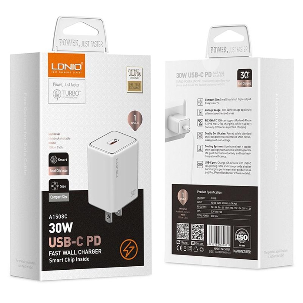 A1508C 30W USB-C PD Fast Charger with 1m Type-C Cable (White)