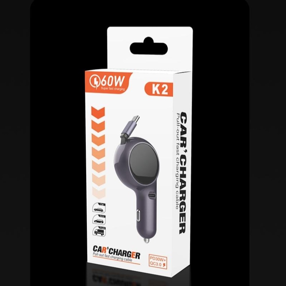 60W Type C Retractable Car Charger with Fast Charging Adapter USB-C Port