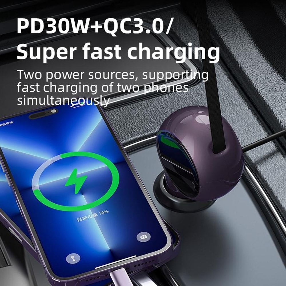 60W Type C Retractable Car Charger with Fast Charging Adapter USB-C Port