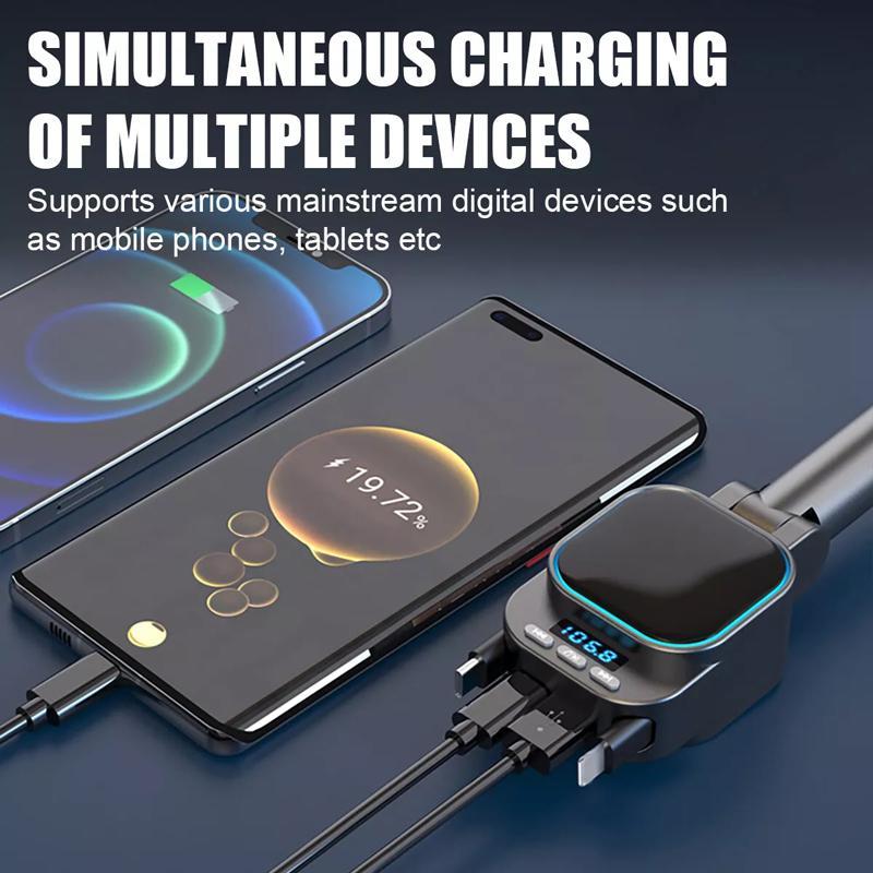 Dual Retractable Car Charger with Bluetooth FM Transmitter and Fast Charging MP3 Player