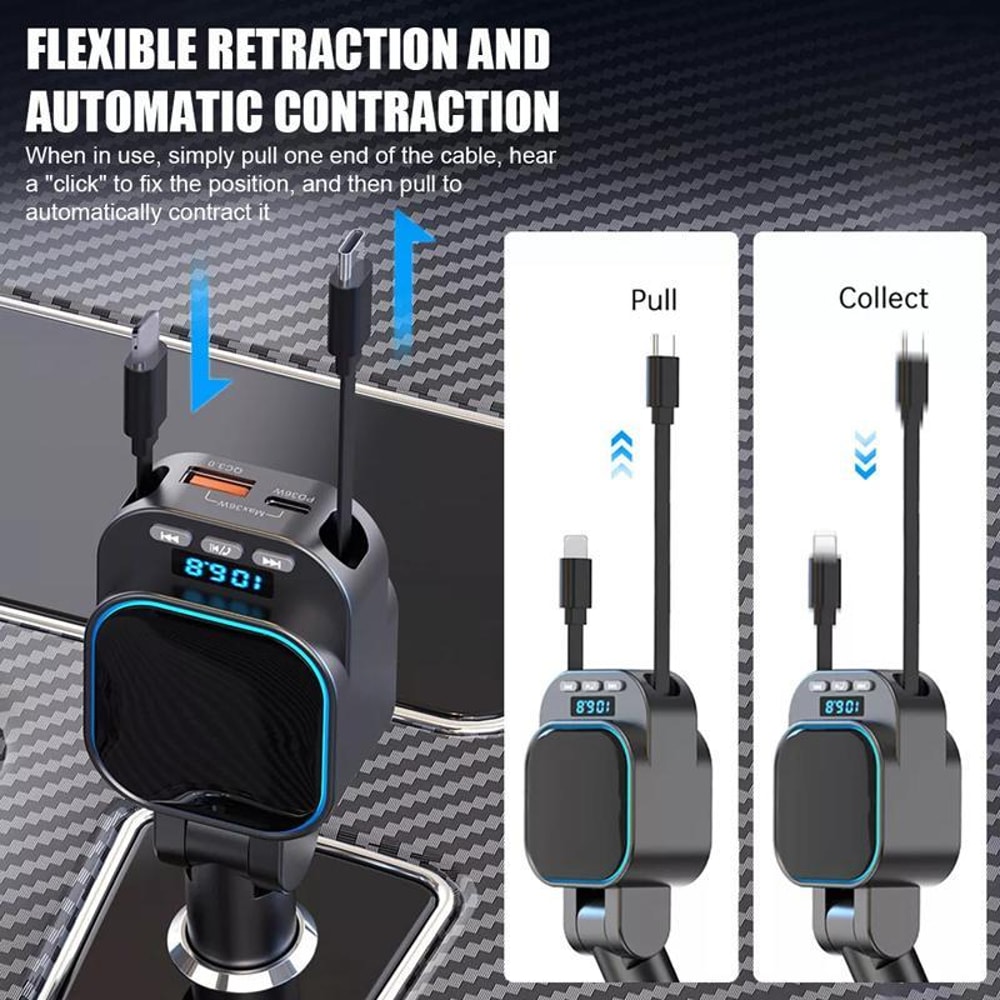 Dual Retractable Car Charger with Bluetooth FM Transmitter and Fast Charging MP3 Player