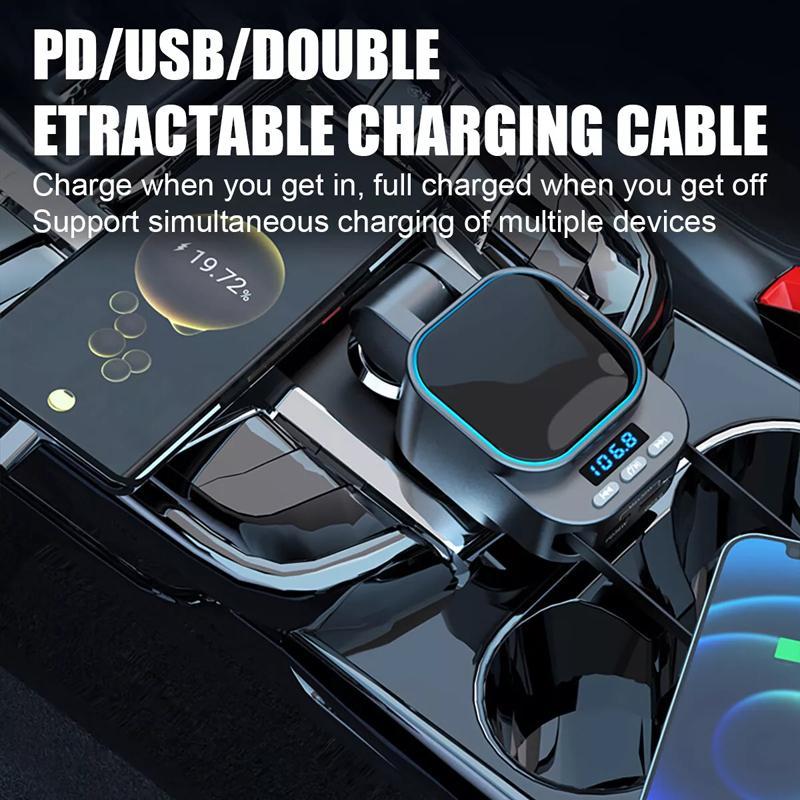 Dual Retractable Car Charger with Bluetooth FM Transmitter and Fast Charging MP3 Player
