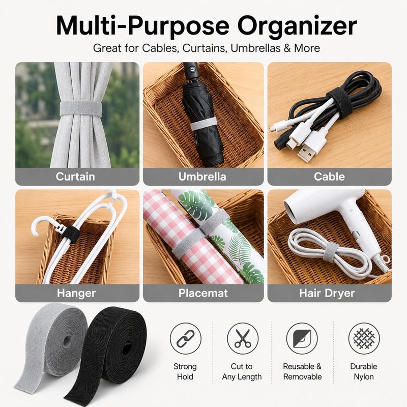Reusable Hook and Loop Cable Ties Roll Velcro Cable Management Straps Wire Organizer Tape 0.5in x 16.4ft