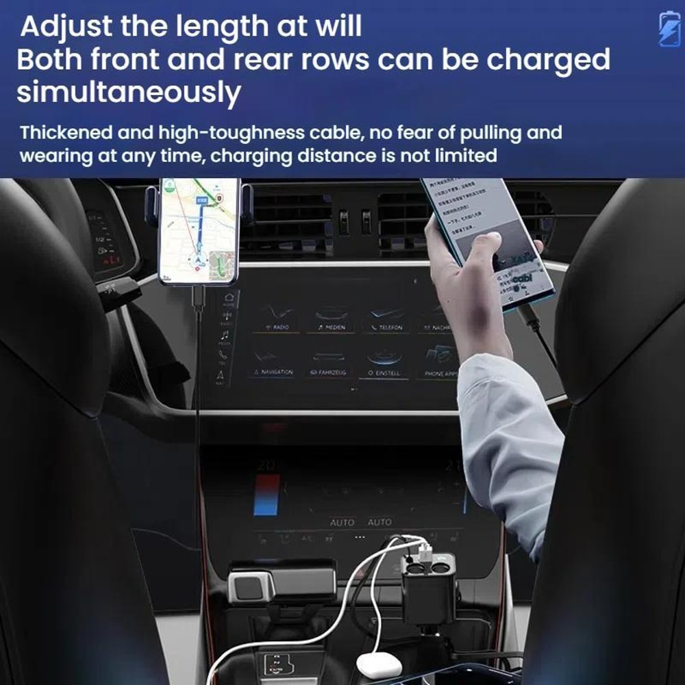 120W Retractable USB Car Fast Charger Dual Port PD Type-C & 8 Pin Cigarette Lighter Adapter