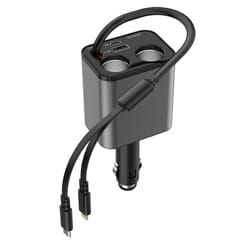 120w retractable usb car fast charger dual port pd type-c & 8 pin cigarette lighter adapter