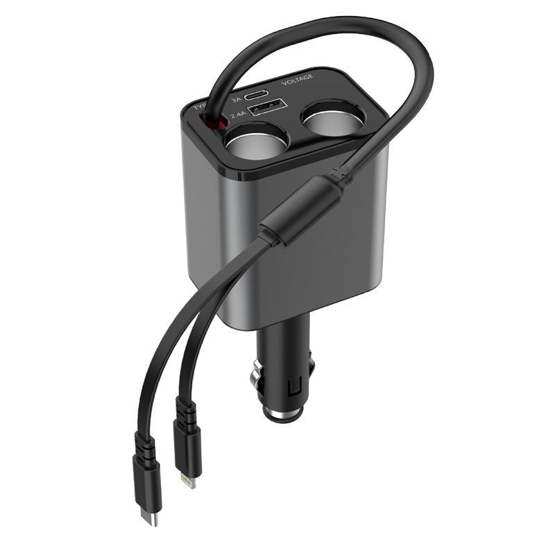 120W Retractable USB Car Fast Charger Dual Port PD Type-C & 8 Pin Cigarette Lighter Adapter