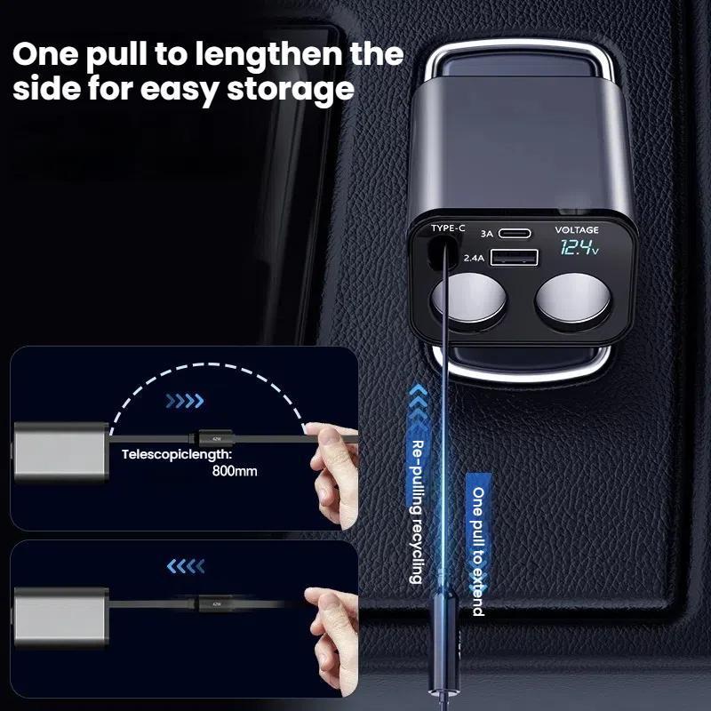 120W Retractable USB Car Fast Charger Dual Port PD Type-C & 8 Pin Cigarette Lighter Adapter