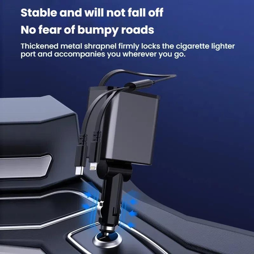 120W Retractable USB Car Fast Charger Dual Port PD Type-C & 8 Pin Cigarette Lighter Adapter
