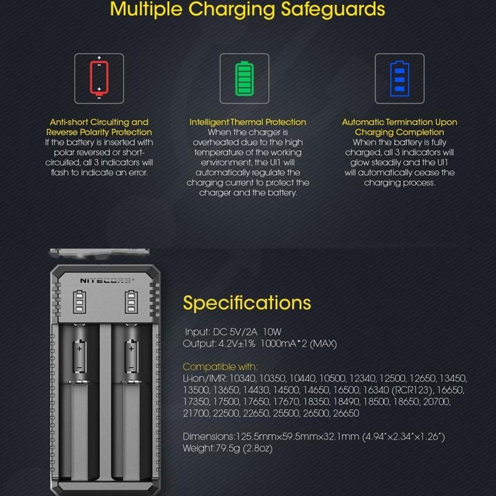 Nitecore UI2 Dual Slot Smart USB Lithium Battery Charger for 21700 Li-ion Batteries