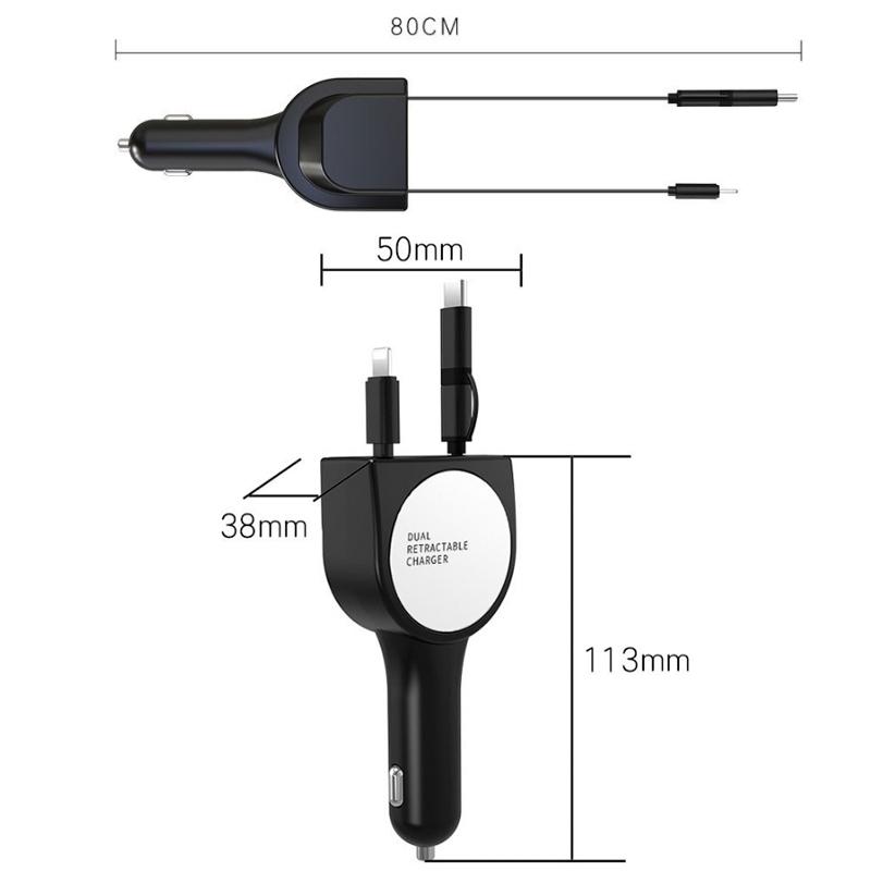 3-in-1 Retractable Fast Car Charger QC3.0 Dual USB Multi Device Charging Adapter