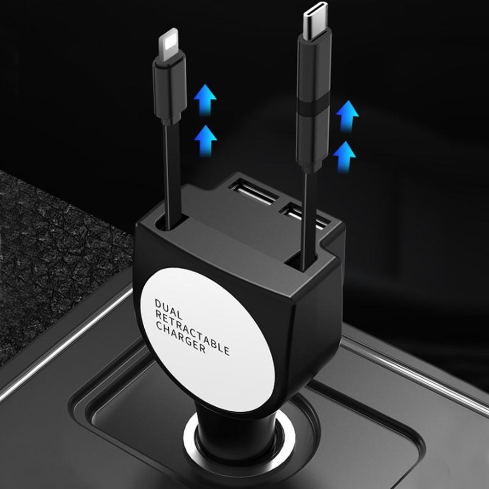3-in-1 Retractable Fast Car Charger QC3.0 Dual USB Multi Device Charging Adapter