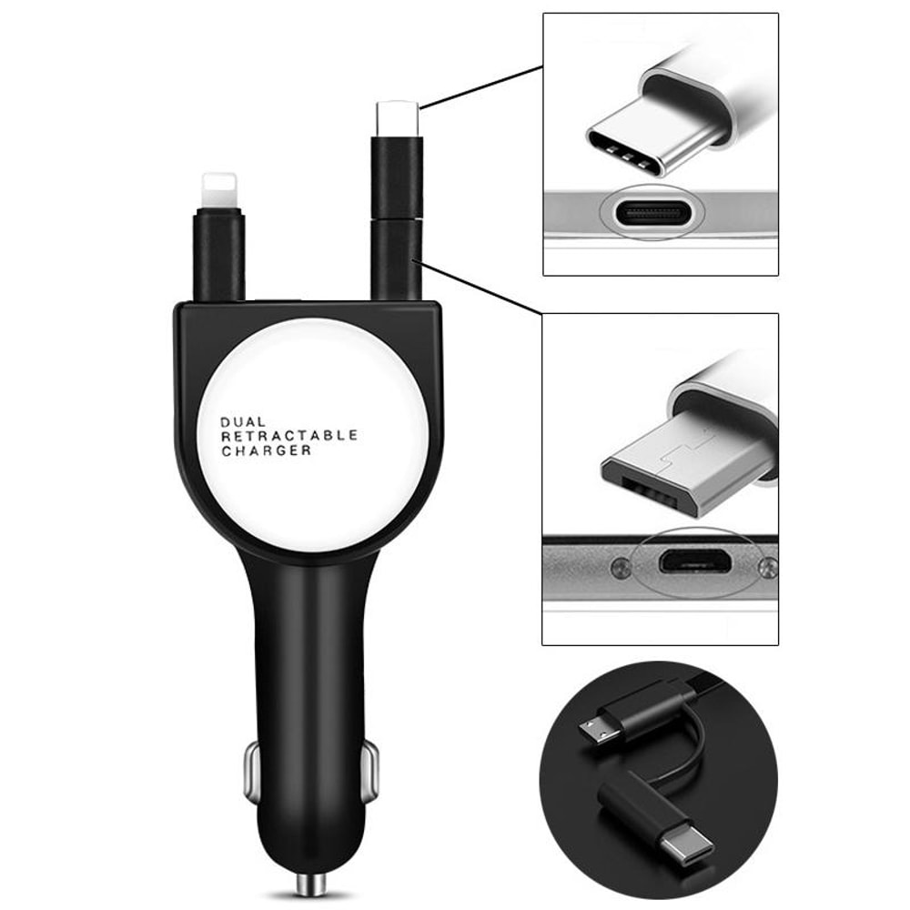 3-in-1 Retractable Fast Car Charger QC3.0 Dual USB Multi Device Charging Adapter