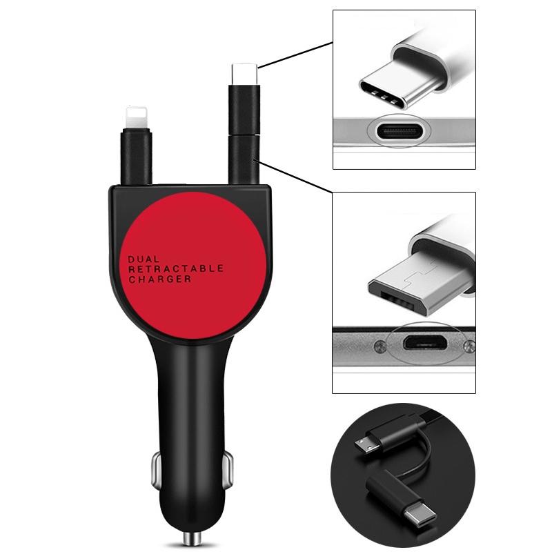 3-in-1 Retractable Fast Car Charger QC3.0 Dual USB Multi Device Charging Adapter