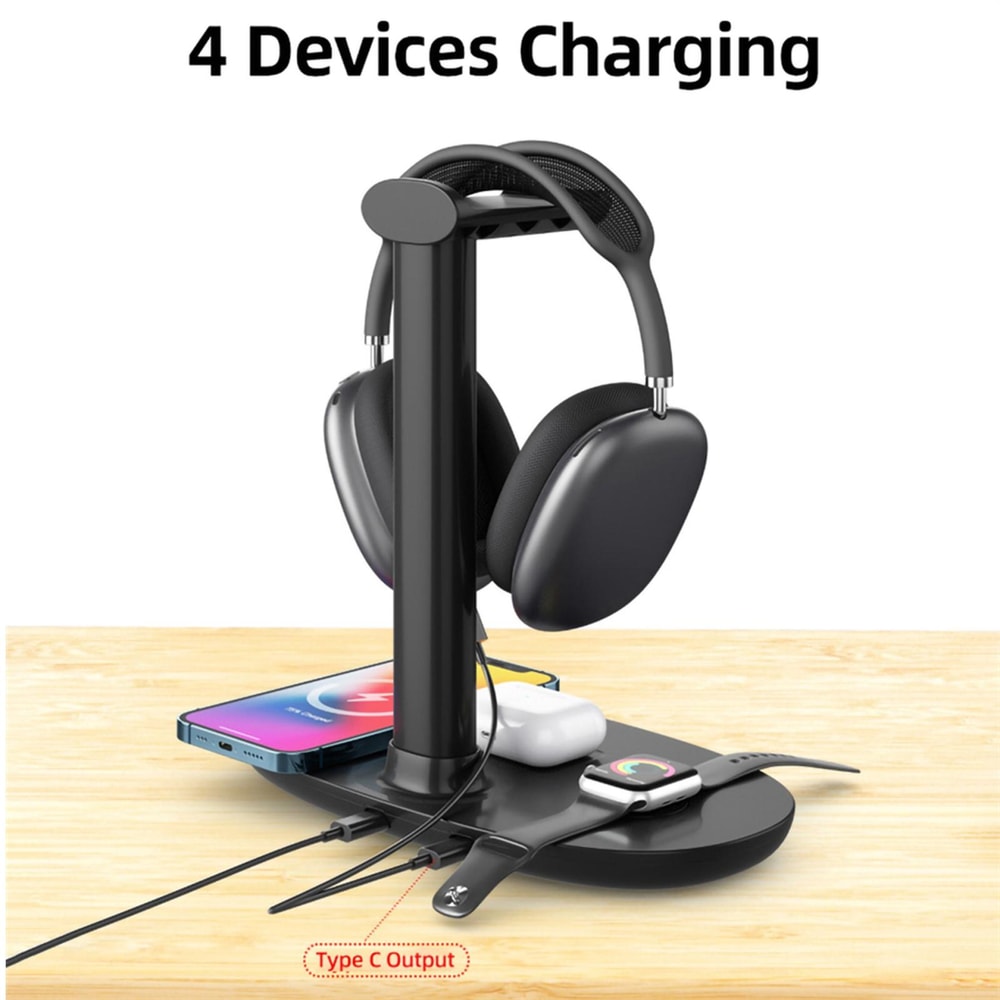B-15A 4-in-1 Wireless Charging Station for iPhone, Apple Watch, AirPods – 15W Fast Charging Dock