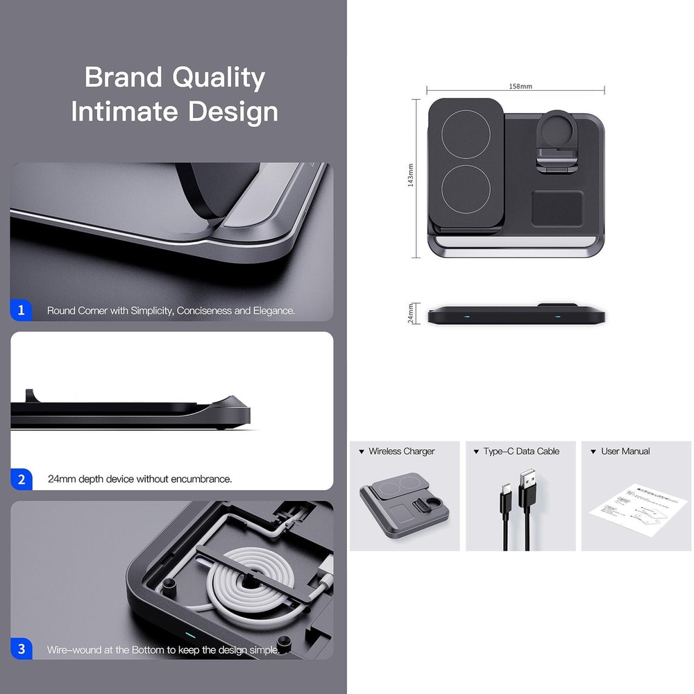 DW08 3 in 1 Foldable 15W Wireless Charging Station Black