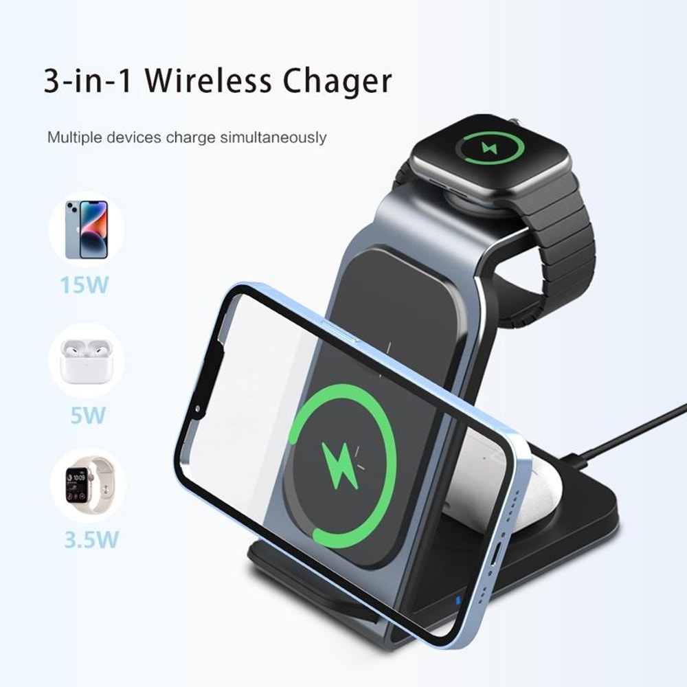 SW17 3 in 1 Metal Vertical Wireless Charging Station Apple Watch Charger Fast Charging Dock for Phone AirPods