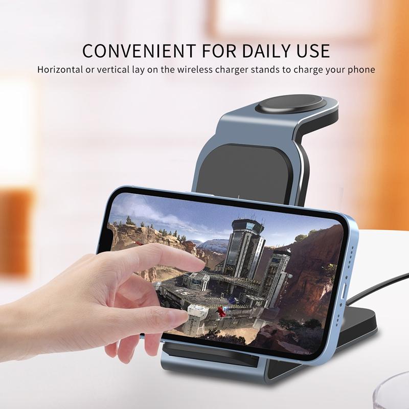 SW17 3 in 1 Metal Vertical Wireless Charging Station Apple Watch Charger Fast Charging Dock for Phone AirPods