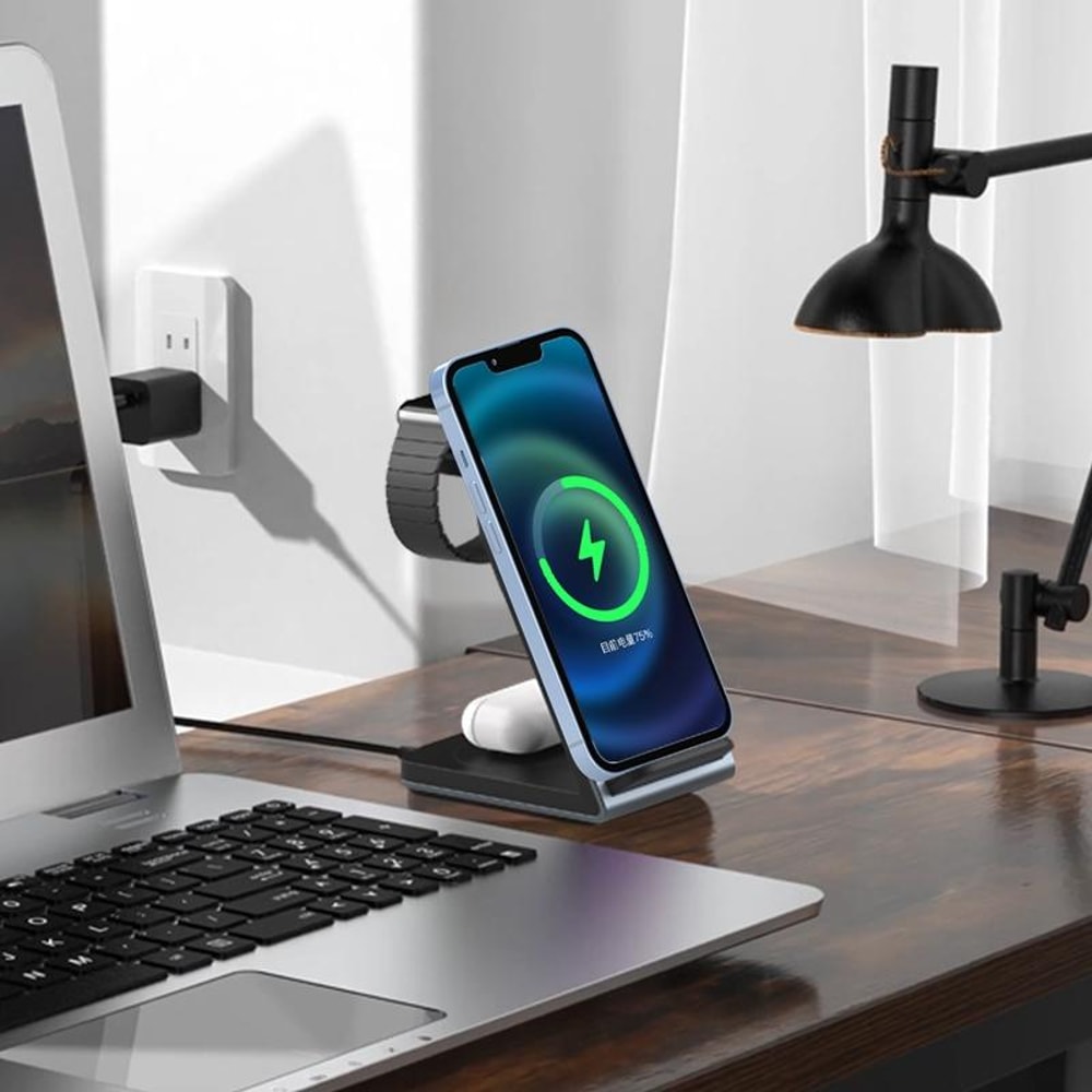 SW17 3 in 1 Metal Vertical Wireless Charging Station Apple Watch Charger Fast Charging Dock for Phone AirPods