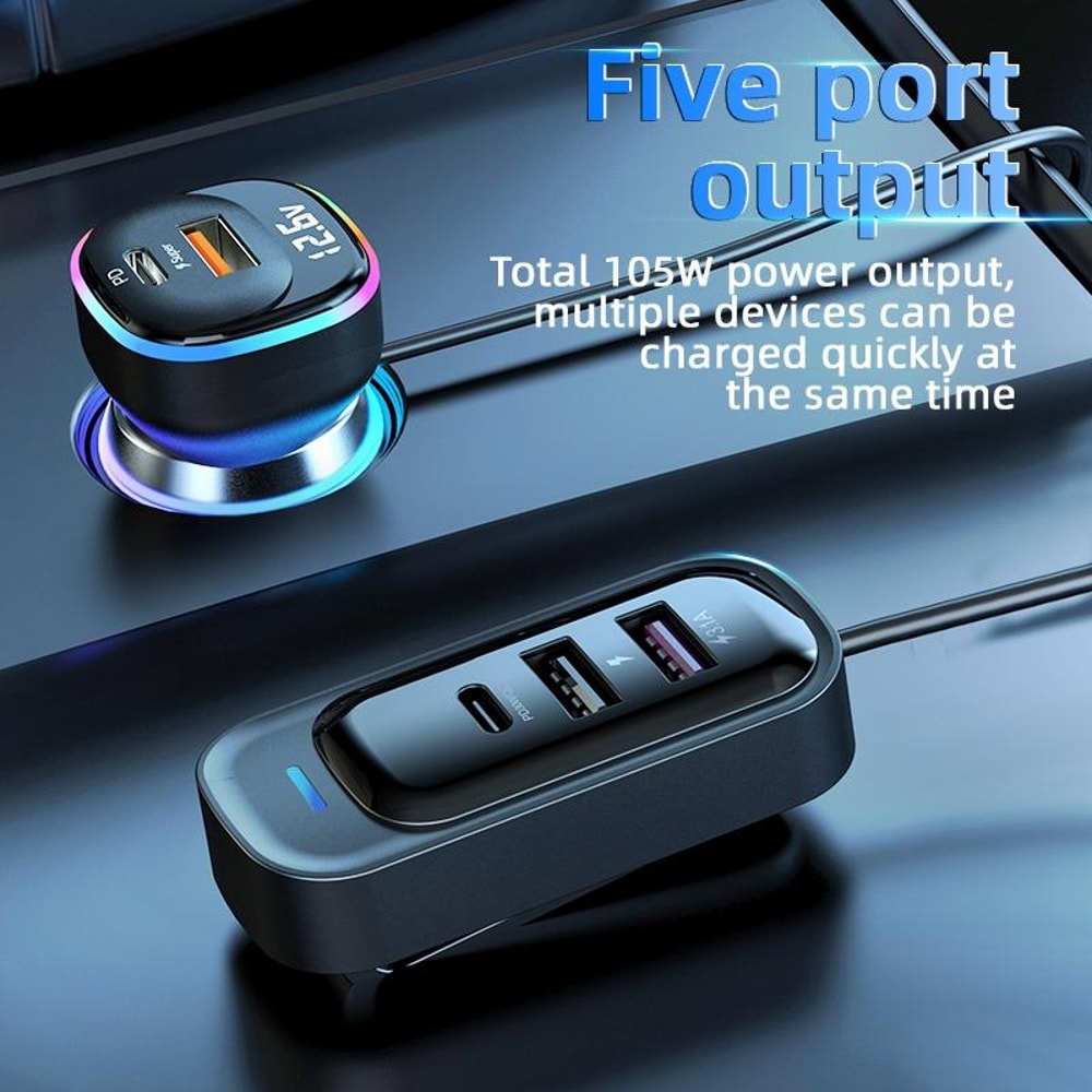 105W Multi Port PD Fast Car Charger Rear Seat USB-C Cigarette Lighter Adapter