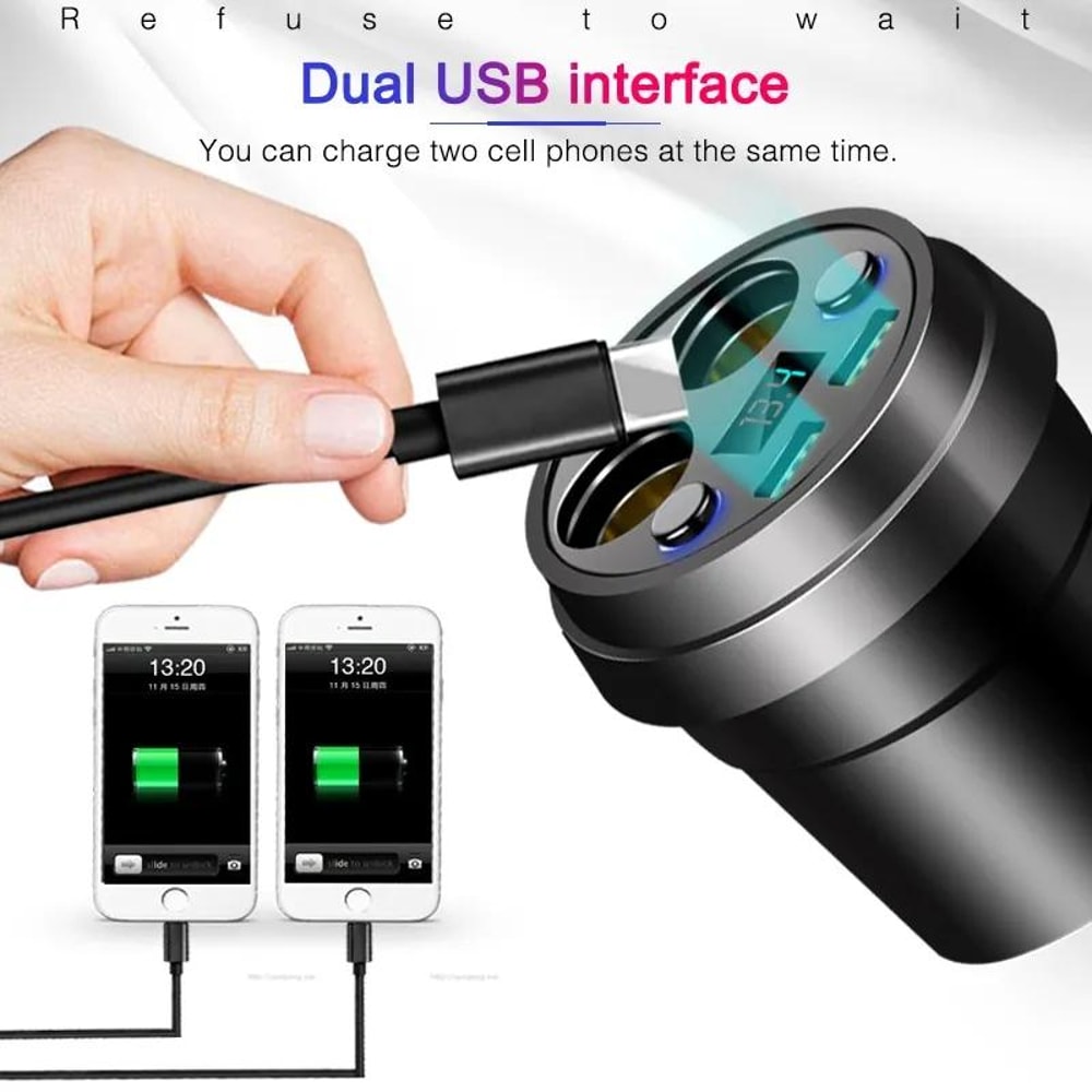 80W Fast Charge Car Cup Charger with Dual USB Ports and Dual Socket Splitter