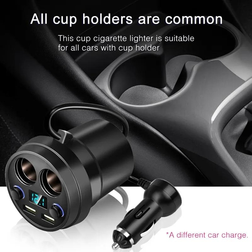 80W Fast Charge Car Cup Charger with Dual USB Ports and Dual Socket Splitter